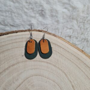 Boucles d'oreilles cuir ovale vert et cognac