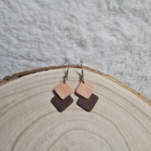 Boucles d'oreilles cuir losange marron et beige