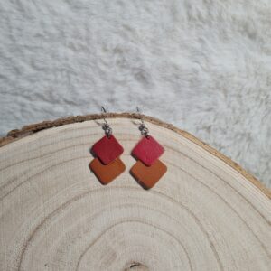 Boucles d'oreilles cuir losange cognac et rouge